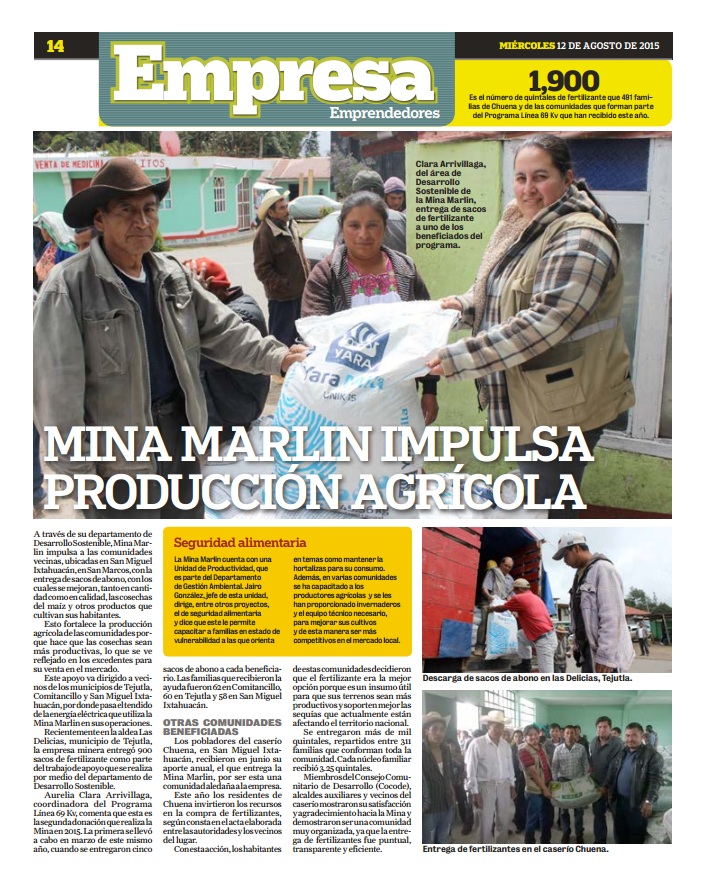 Mina Marlin impulsa produccion Agricola